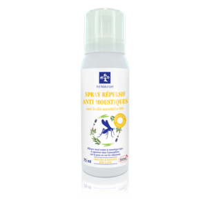 Spray anti-moustiques formulé avec des actifs reconnus pour leur efficacité répulsive.